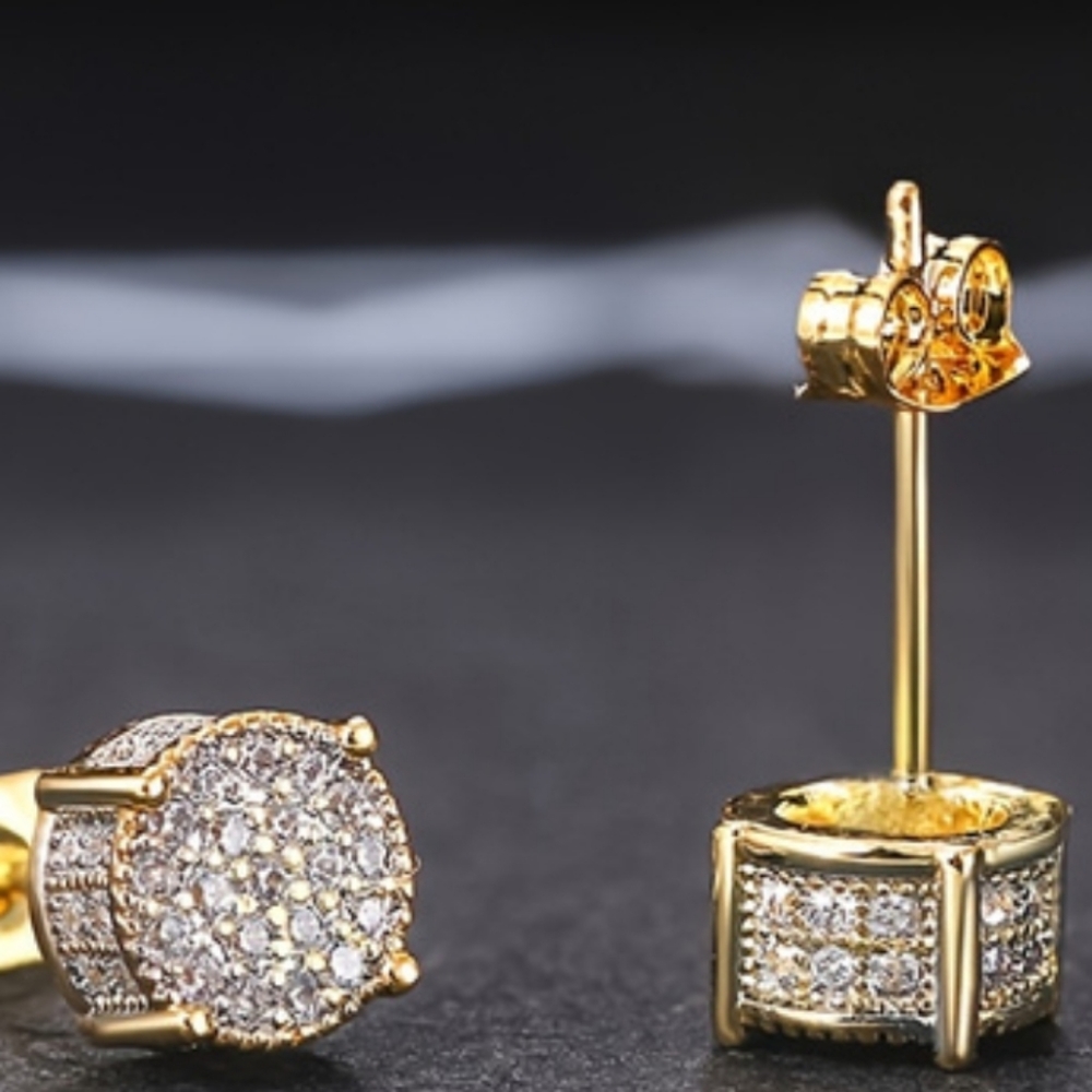 Fancy Round Shaped Stud Earrings Paved Shiny CZ Stone Silver Color/Golden Everyd